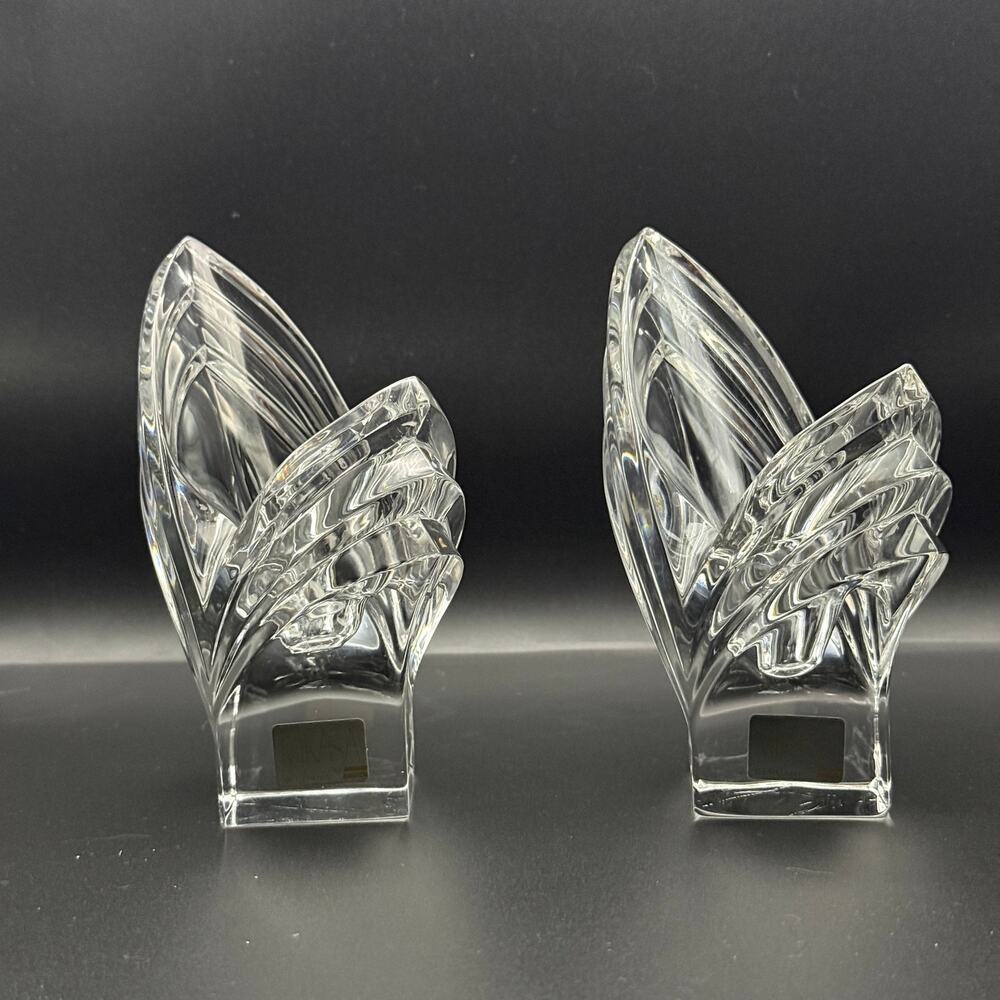Vintage Mikasa W Germany Crystal Taper Candle Holders Pair Sculptural Fan Leaf